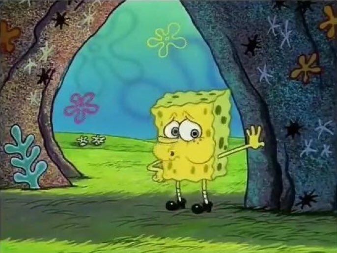 Freeze frame of SpongeBob with his hand against a wall, with concerned eyes and puffed cheeks, as in the deep exhale of someone dealing with something stressful