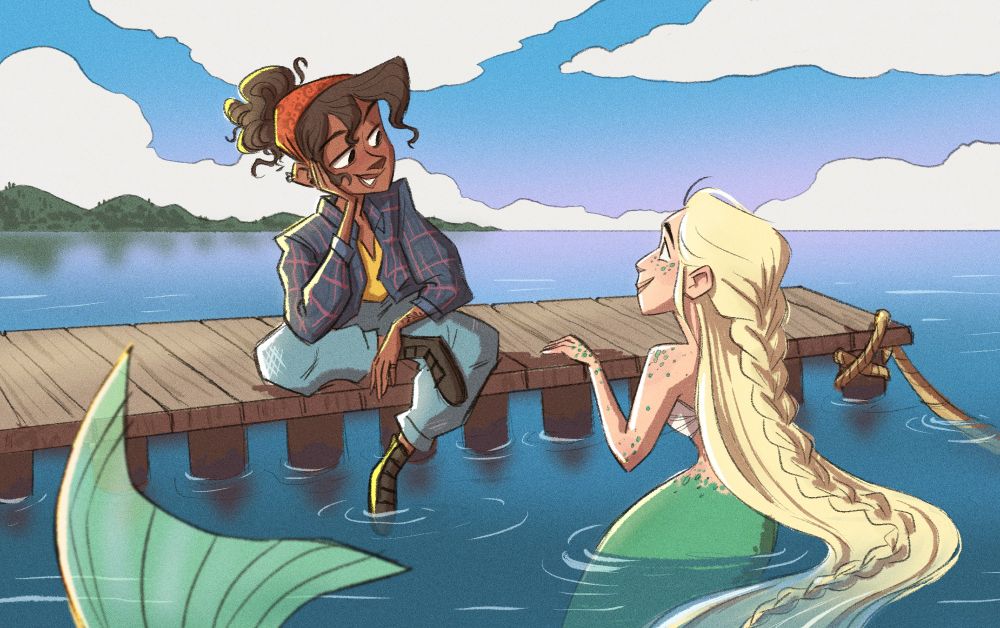 drawing of a mermaid looking at a girl on a dock. they are in love.