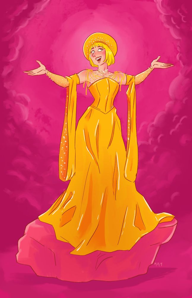 drawing of singer Tessa Violet in a yellow dress in front of a hot pink background