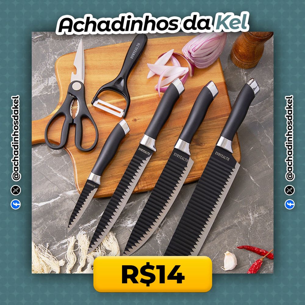 Kit facas de cozinha/Churrasco Profissional Antiaderente 6 Peças Preto/colorido