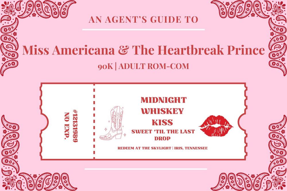 A pink and red background and graphic with cowboy boots and paisley print with text describing a romantic comedy manuscript called Miss Americana & The Heartbreak Prince.