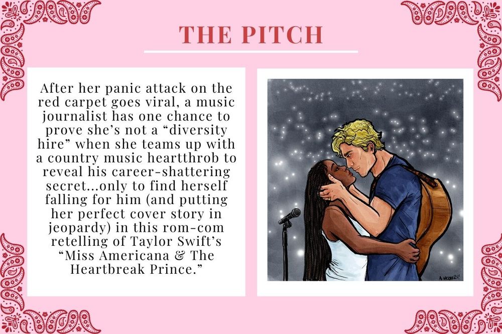 A pink and red background and graphic with paisley print with text describing a romantic comedy manuscript called Miss Americana & The Heartbreak Prince. Next to it, a character drawing of a Black woman with braids embracing a white blond man wearing a guitar.