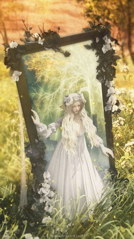 Basked in the golden hour, Edelweiss steps out of a giant flower-decorated frame. The frame appears to be the bridge between The Lands Between (an Elden Ring realm) and Eorzea (a Final Fantasy 14 realm). She wears a white dress and white flower crown.
