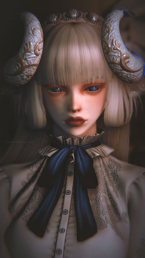A close-up portrait of Edelweiss wearing a Victorian white blouse with dark blue bow. She wears a pearl headband as well.