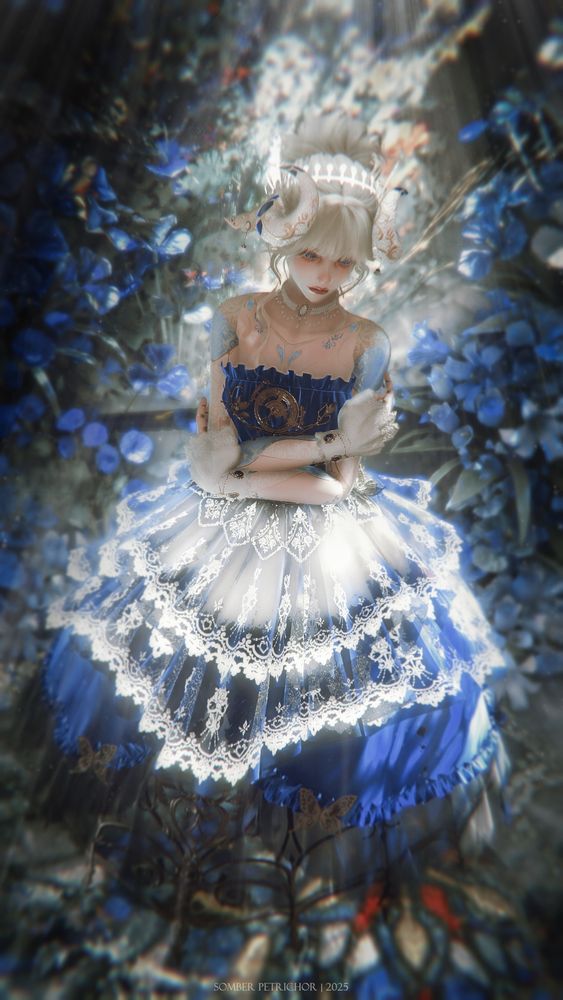 Edelweiss is dressed in a deep blue ball gown, striking a gentle self-embrace pose. Her hair is tied neatly in a fluffy bun. She stood in an empty room decorated with stained glass windows and blue flowers.