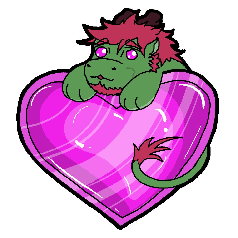 A green noodl dragon is on top of a pink heart. The lil dragon is doing a cute tongue bleppie and has slightly wrapped his tail around the corner on the heart. 
:3