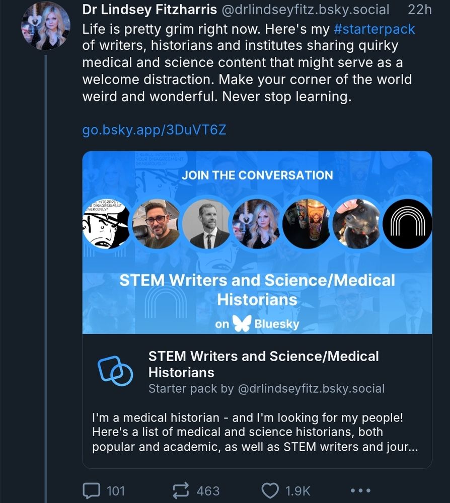 Image of a starter pack for STEM Writers and Science/Medical Historians posted by Dr. Lindsey Fitzharris