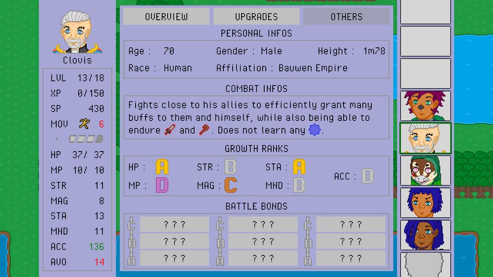 Clovis personal infos below:
Age: 70
Gender: Male
Height: 1m78
Race: Human
Affiliation : Bauwen Empire

Clovis combat infos: "Fights close to his allies to efficiently grant many buffs to them and himself, while also being able to endure <Physical Damage> and <Magical Damage>. Does not learn any <Spells>."

Clovis growth ranks below:
HP: A
MP: D
STR: B
MAG: C
STA: A
MND: B
ACC: B