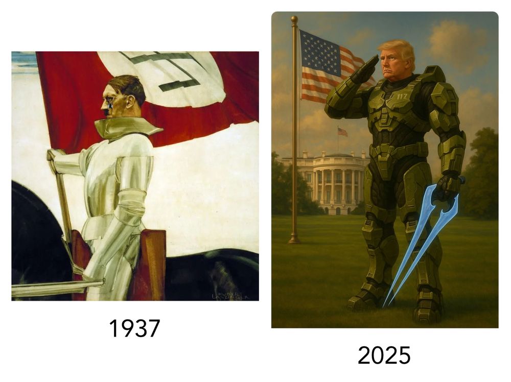 2 images side by side: on the left a portrait of Hitler from 1937 and on the right a portrait of Trump in 2025. Both use the mythology or memes of their respective times to impart a sense of supernatural power on a leader that is designed to appeal to a specific male demographic.