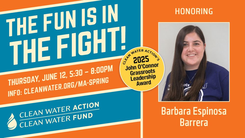 image of barbara espinosa barrera smiling as part of a blue and orange graphic design for Clean Water's event, the Fun is in the Fight