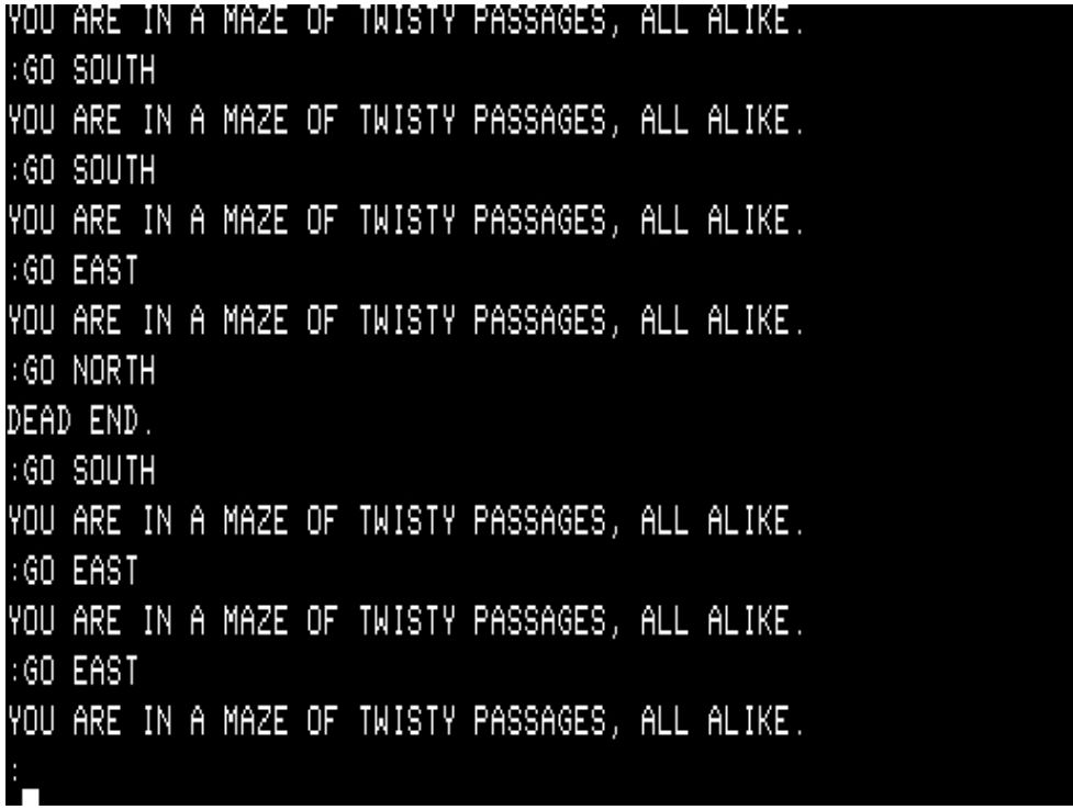 Screenshot from the text adventure, The Colossal Cave, featuring the repeated phrase "You are in a maze of twisty passages, all alike." in response to each move made by the player. 