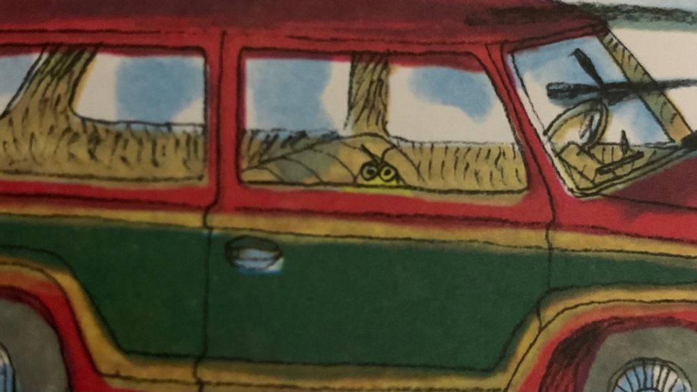 A little bug peeking out of the passenger window of a parked car . Richard scarrys goldbug