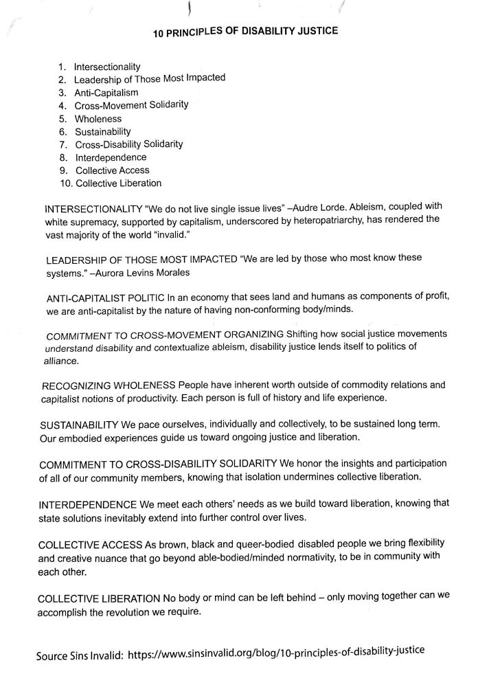 10 Principles of DisabilityJustice 

1. Intersectionality
2. Leadership of Those Most Impacted
3. Anti-Capitalism
4. Cross-Movement Solidarity
5. Wholeness
6. Sustainability
7. Cross-Disability Solidarity
8. Interdependence
9. Collective Access
10. Collective Liberation