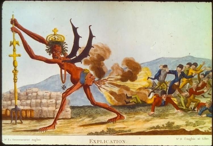 An old illustration of some kind of demon farting fire from its ass but its ass is a face and the fire is coming from the ass-face's mouth and hitting a group of people who are attempting to flee.