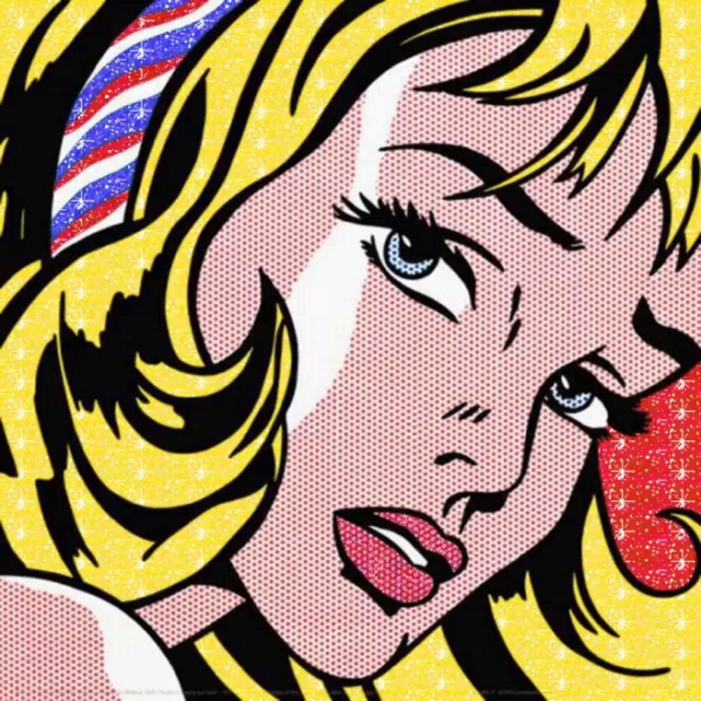 a pop art painting of a woman with a red white and blue headband