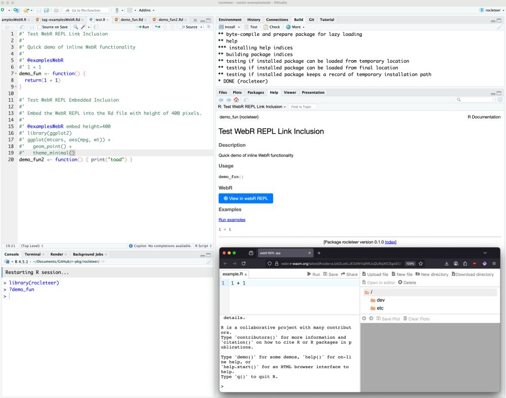 RStudio interface demonstrating WebR REPL link inclusion functionality. The left pane shows R source code with roxygen2 documentation for "Test WebR REPL Link Inclusion." The right pane displays package documentation with a blue "View in webR REPL" button. A firefox browser window is open showing the WebR REPL interface with simple R code (1 + 1) and R session information including details about contributors, demos, and help functions. The interface shows the same rocletter package documentation as the first image.