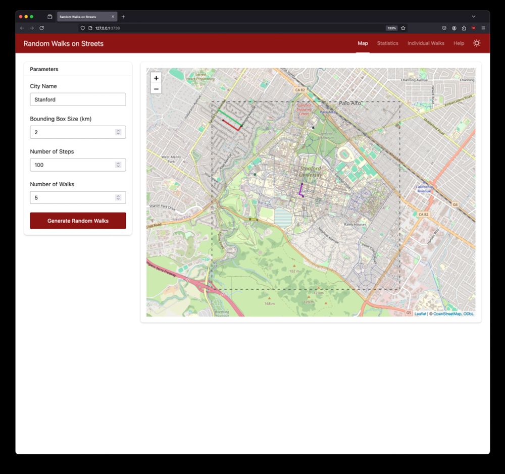 Main map view of the app centered on Stanford University campus with a 2km bounding box shown as a dashed line. The left panel contains input parameters: City Name (Stanford), Bounding Box Size (2 km), Number of Steps (100), Number of Walks (5), and a 'Generate Random Walks' button. Several colored walk paths are visible on the map.