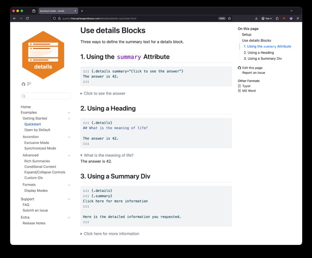 Screenshot of the details extension quickstart documentation showing three methods to create collapsible blocks in Quarto: using the summary attribute, using a heading, and using a summary div. Each method shows the code syntax and its rendered output as expandable disclosure widgets.