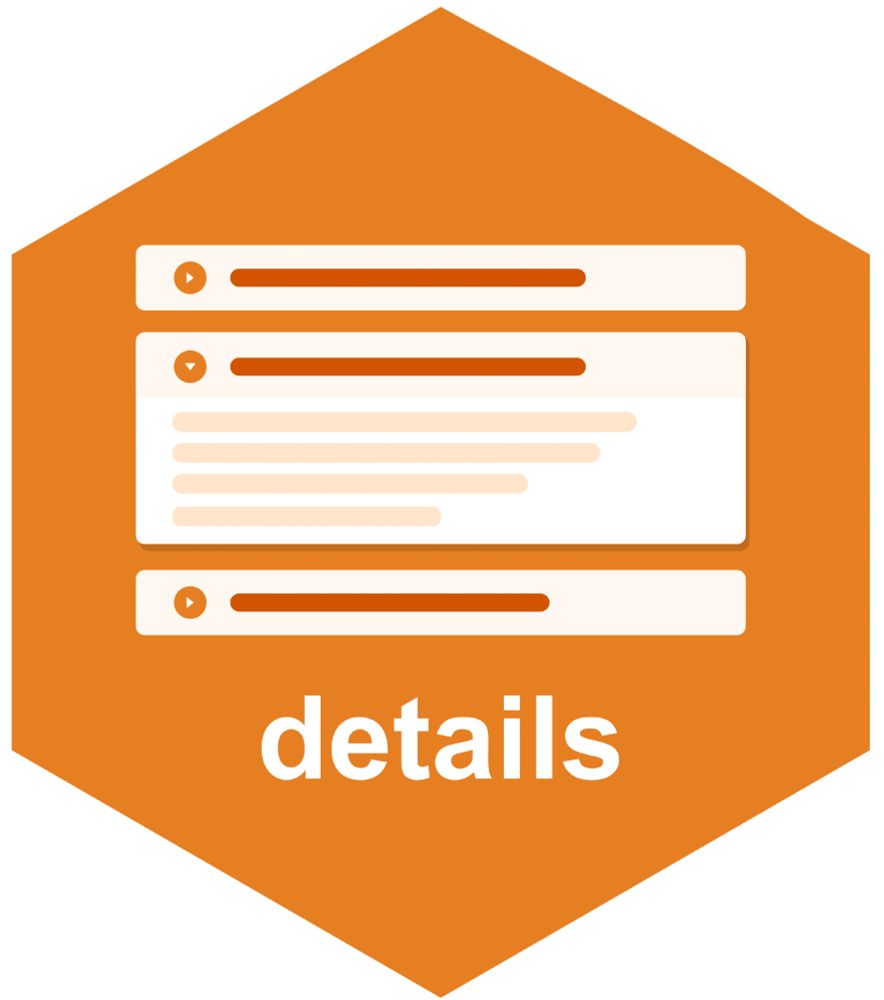 Hexagonal sticker logo for the details Quarto extension. Orange background with a stylized illustration of three accordion-style collapsible content panels in cream and brown, with the word "details" in white text at the bottom.