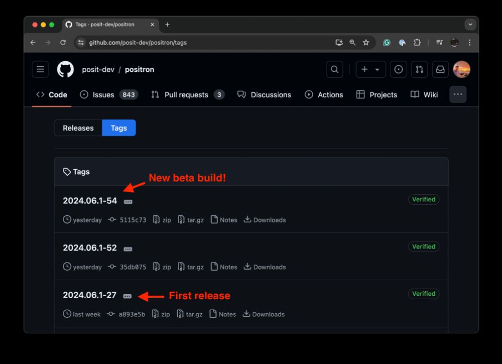 A screenshot showing the Positron IDE GitHub Release page with new tag updates since it was just released.