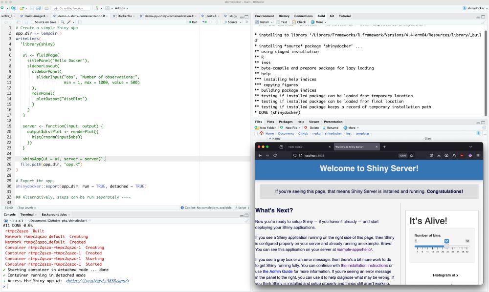 RStudio interface with an R Shiny app script and a browser window showing the default Shiny Server welcome page with an "It's Alive!" message and a sample histogram at the localhost:3838 mapping. 