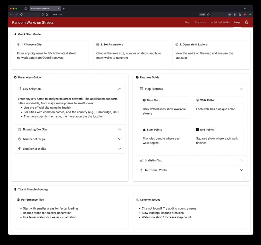 Help page of the Random Walks on Streets app showing a Quick Start Guide with three steps: Choose a City, Set Parameters, and Generate & Explore. Below are detailed Parameters Guide and Features Guide sections, followed by Tips & Troubleshooting with performance tips and common issues.