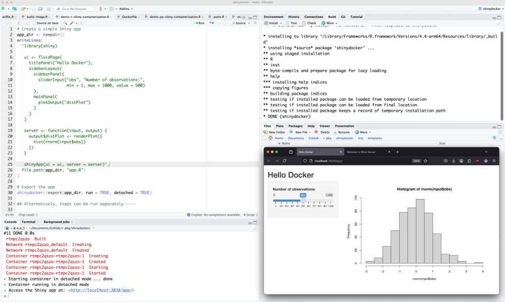 RStudio interface showing an R Shiny app script with a `shinydocker::export()` command, alongside a browser window displaying a "Hello Docker" Shiny app with a histogram and slider control for the number of observations.