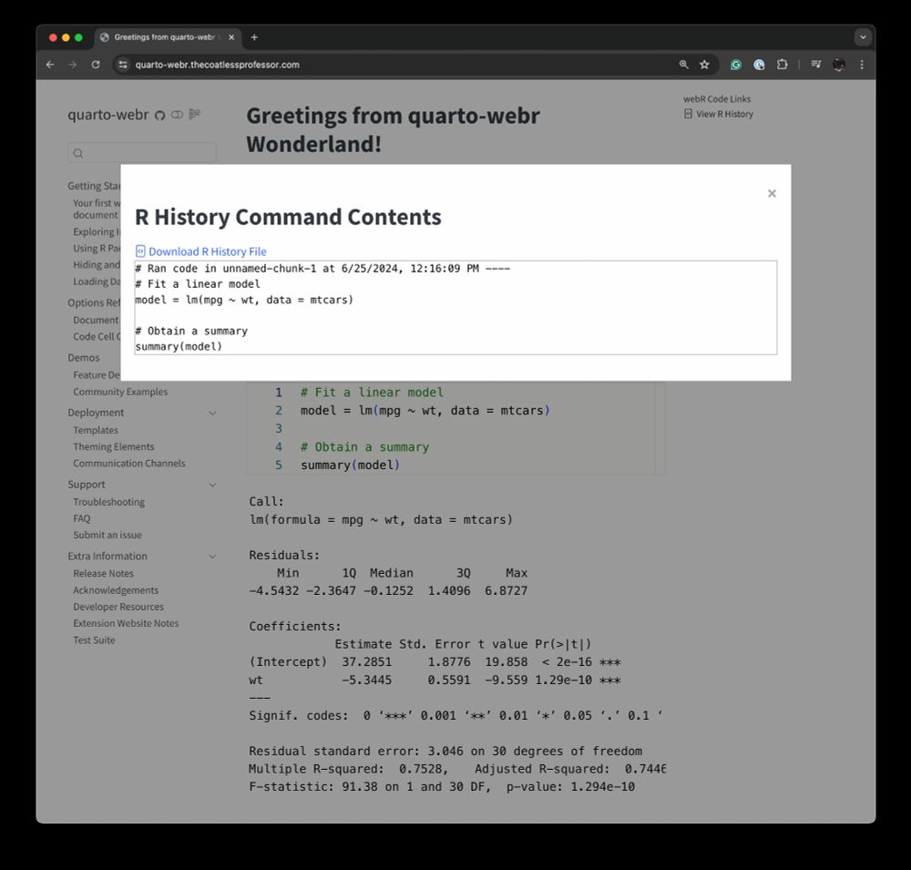 A screenshot showcasing the new R Command history option available through the community {quarto-webr} extension. Selecting View R History on the right side triggers a pop-up modal showing all commands run in the document's session. Moreover, we can download the history and re-run the commands locally.