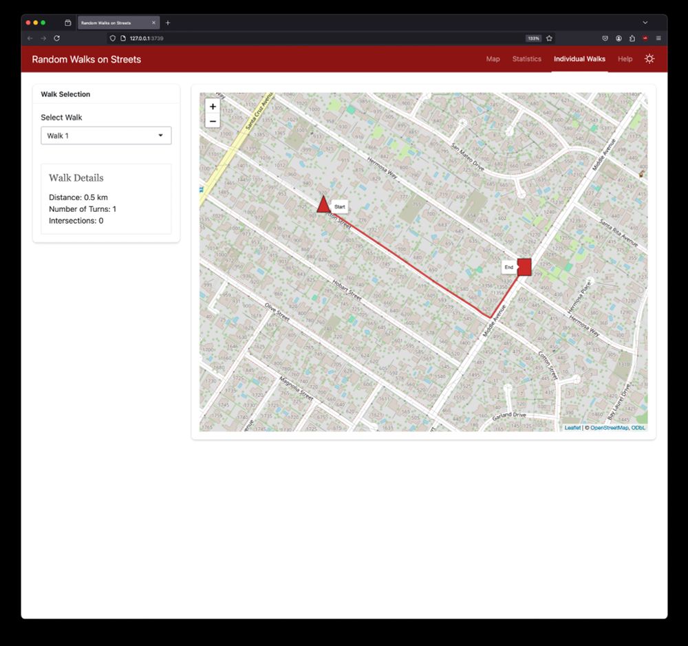 Individual Walks view showing a detailed map with a single random walk plotted in red. A triangle marks the start point and a square marks the end point. The left panel displays Walk Selection and Walk Details, including Distance (0.5 km), Number of Turns (1), and Intersections (0).