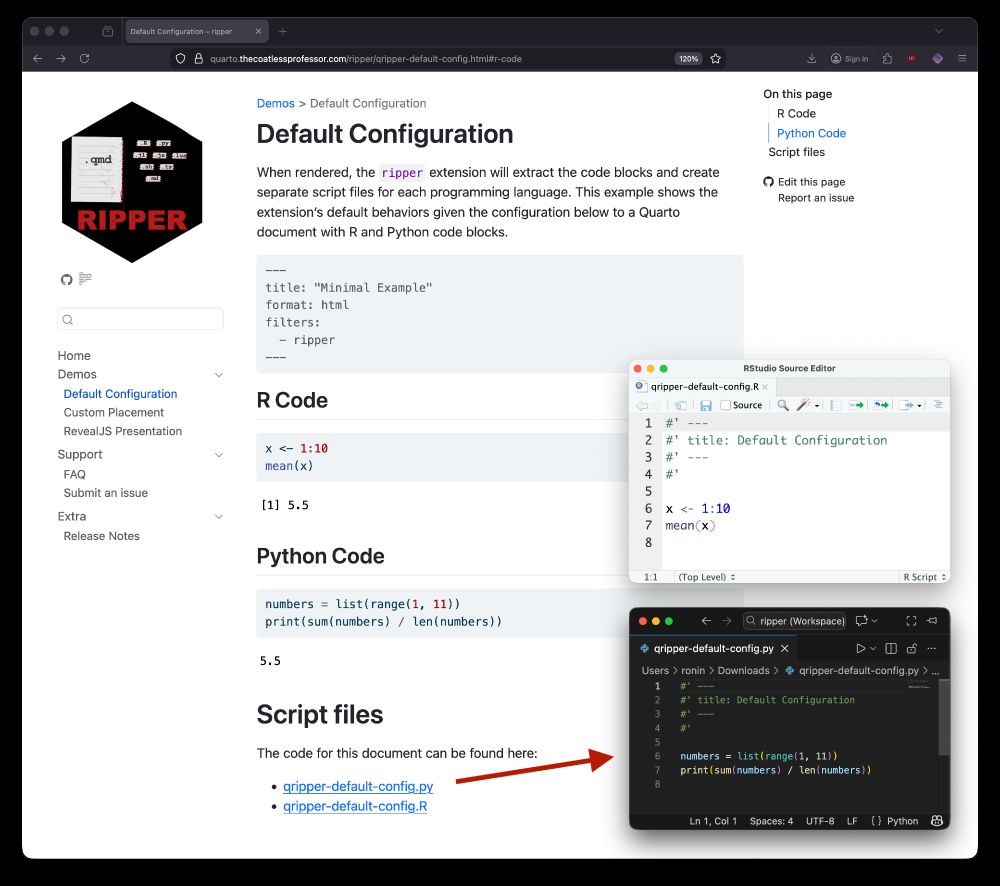 Screenshot demonstrating the ripper Quarto extension workflow. Shows the ripper logo (a dark house silhouette with red text), documentation page for Default Configuration, example R and Python code blocks in the rendered document, and two code editor windows displaying the generated script files (qripper-default-config.R and qripper-default-config.py) with extracted code. A red arrow connects the 'Script files' section to the generated output files.