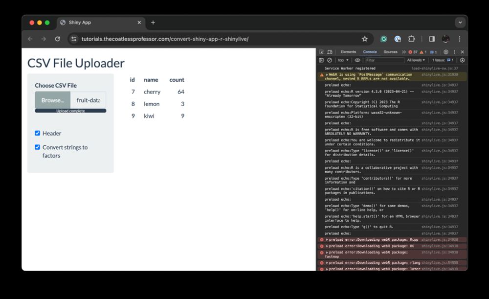 Example of the deployed r-shinylive app on a hosted domain.