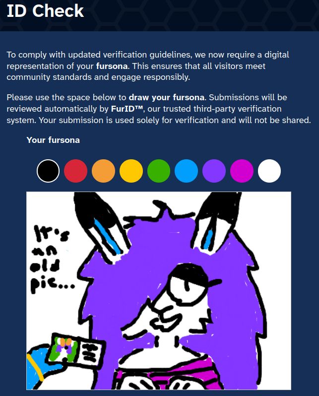 art of Aurora, A.J.'s bunnydog fursona, inside of e621's April Fools' ID check which requires you to draw your fursona to gain access. the looks nervous as an inspector off-screen compares the photo in her ID (which portrays an earlier design of her where she had antlers) to Aurora herself, commentating "it's an old pic..."