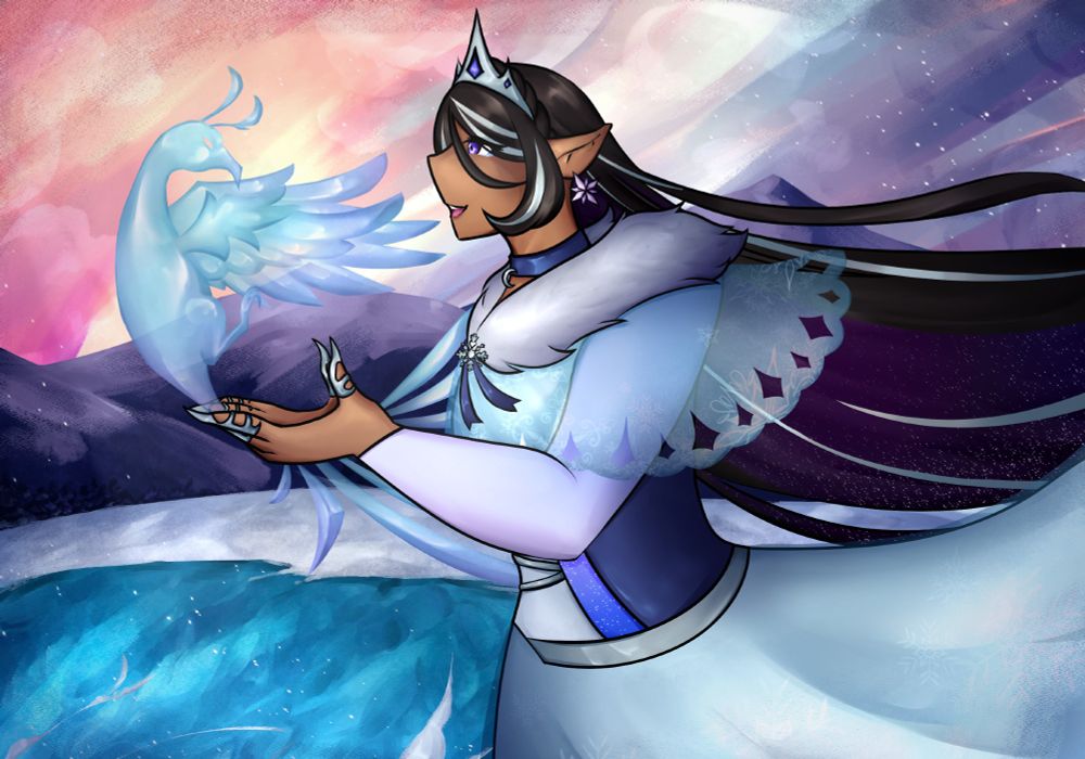 The VoiSona character SELENA in an icy mountain range during sunrise. She's next to a frozen lake. She faces to the light coming in from the left and smiles. Above her cupped hands a phoenix made of ice, flapping its wings towards her.