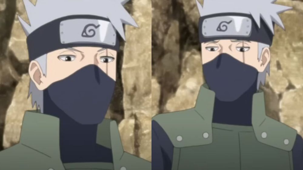 Two side-by-side screenshots of Daddy Kakashi kinda looking disapprovingly/bossily down at something/someone 