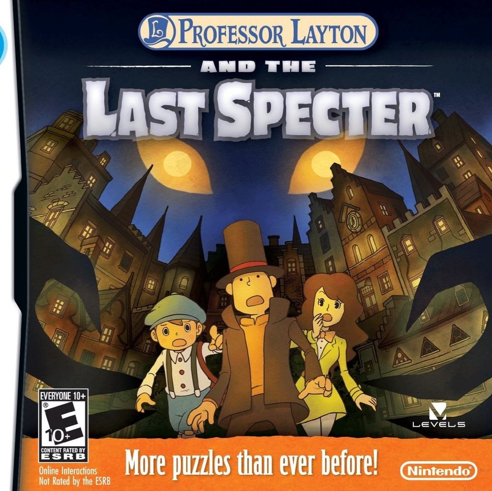 Boxart for Professor Layton and the last spectre. Layton, Luke, and Emmy stand surprised. Dark hands creep from out of view and ominous eyes light up the sky above a city skyline
