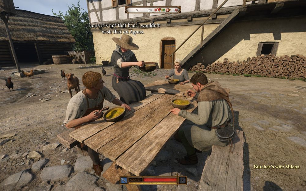A screenshot from Kingdom Come: Deliverance 2, where a woman should be sitting at a bench but is instead squatting on top of it in the air, in an impossibly difficult static squat stance