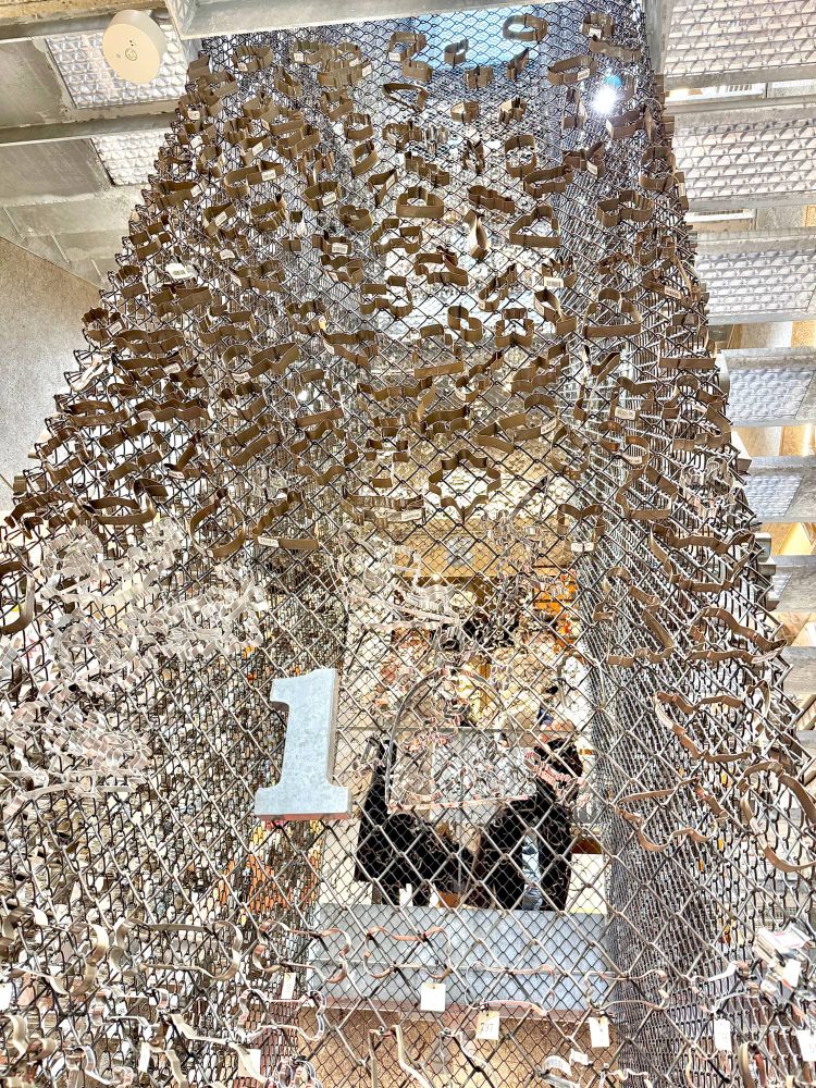 クッキーの型とるやつが網に大量に飾ってある。不思議の国のアリスモチーフなど。