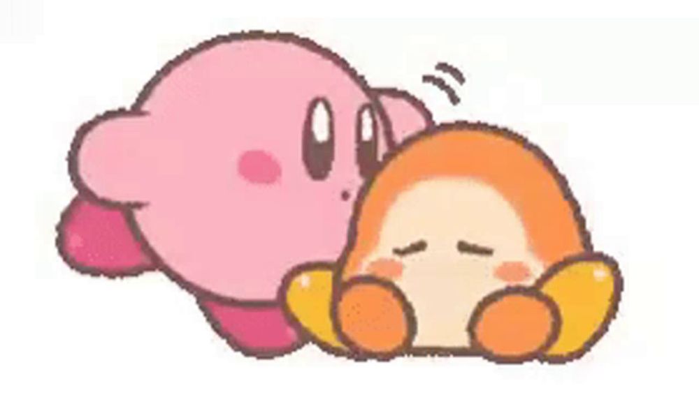 kirby and daffy are laying next to each other on a white background . kirby is kissing daffy on the forehead .