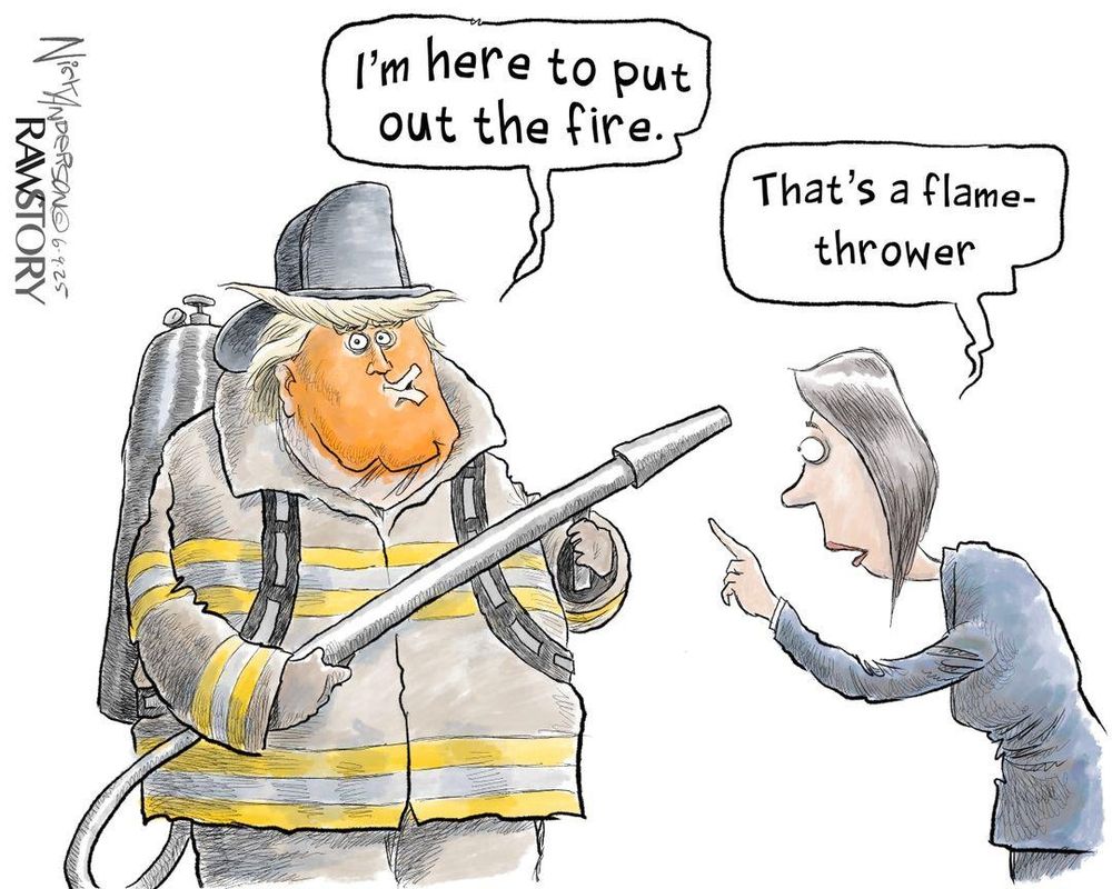 Trump with a flamethrower

"I'm here to put out the fire"

Comment (woman) "That's a flamethrower"