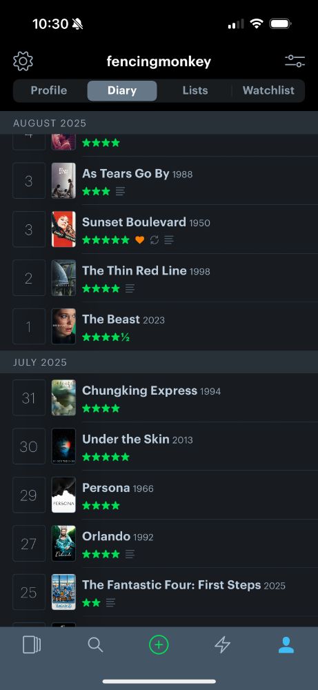 Page 2 of that excessive Letterboxd diary. August 3: As Tears Go By (3 stars) Also August 3: Sunset Boulevard (5 stars, liked, rewatch) August 2: The Thin Red Line (4 stars) August 1: The Beast (4 1/2 stars) July 31: Chungking Express (4 stars) July 30: Under the Skin (5 stars) July 29: Persona (4 stars) July 27: Orlando (4 stars) July 25: The Fantastic Four: First Steps (2 stars)