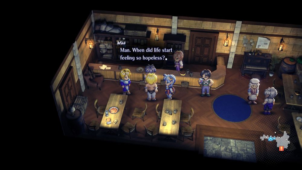 Screenshot from the video game Star Ocean: the Second Story, featuring several characters standing around a bar. One character (“man”) is speaking: “Man. When did life start feeling so hopeless?”