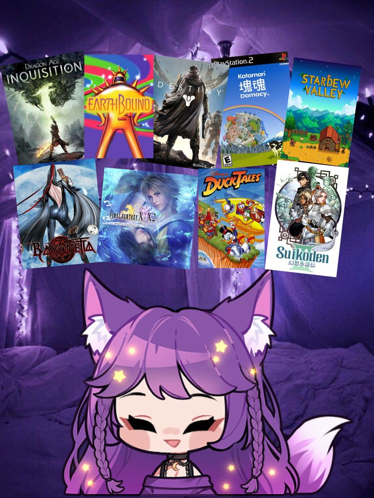 A cute, purple-haired anime character with fox ears and a friendly expression sits beneath a collage of 10 video game covers floating above her head. The covers are, starting from the top left: Dragon Age: Inquisition, EarthBound, Destiny, Katamari Damacy, and Stardew Valley. Below them are Bayonetta, Final Fantasy X/X-2 HD Remaster, DuckTales , and Suikoden 3. The character and background are bathed in purple light.