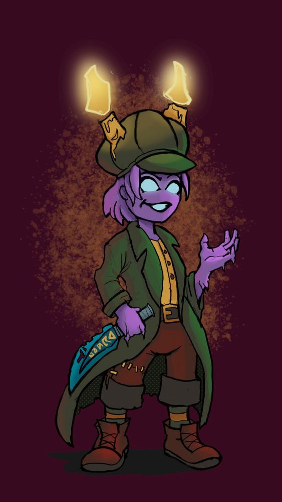 Little Fade is one of the powerful exiled champions from the video game #MonsterTrain. She's a small creature made of wax, wearing baggy clothes and a hat with two burning candles on top. She's holding her weapon, the Subsuming Blade, and looking at us with a cocky grin.