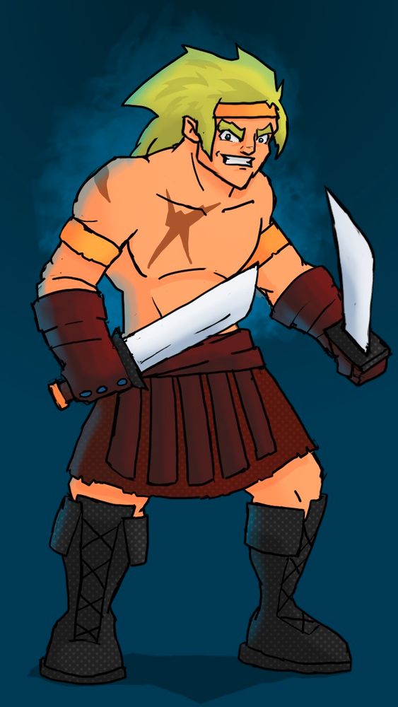 Gennaro Belpaese is the heroic knife-throwing master of the video game Vampire Survivors. He is looking at us with a confident and mischievous expression and holding two large knives.