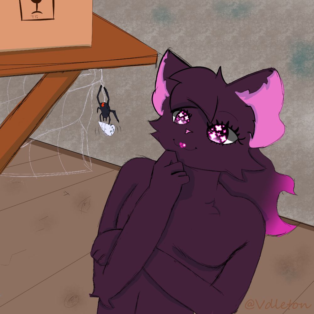 A drawing of an anthropomorphic cat wearing lipstick looking at a spider wrapping something in it's web