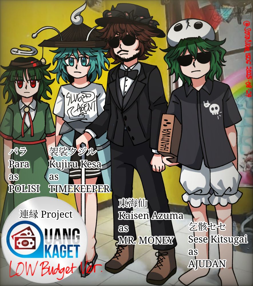 Redraw from a photo. Shows Para that cosplays as a police, Kujiru cosplays as a timekeeper, Kaisen cosplays as Mr. Money while gripping a pipe as a cane, and Sese cosplays an aide holding a box with 'Haniwa' written. This is meant to cosplay the cast from a 2015~2016 reality TV show