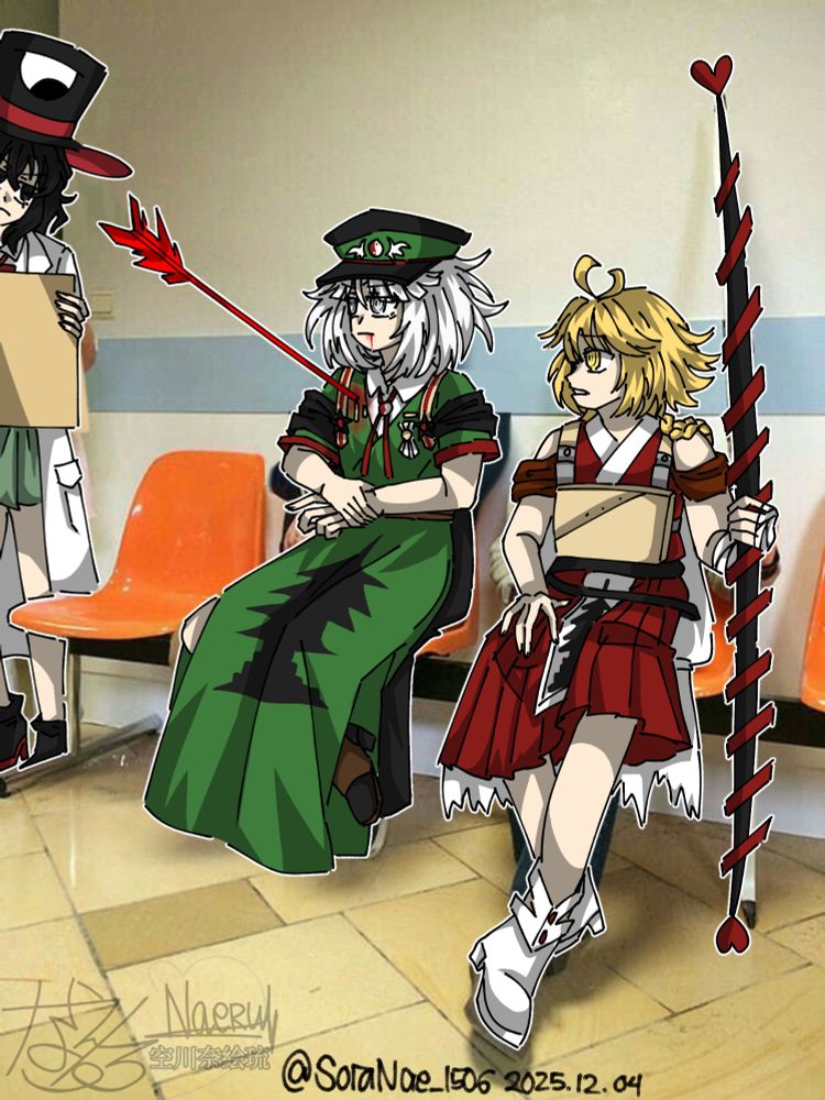 Redraw from a photo. Shows Sanra, whose right chest is stabbed by an arrow and bleeding, is sitting in a waiting room with annoyed expression. Mitori sits beside them, looks at Sanra with worry expression while holding Rudhira with bandaged left hand. Tsubakura on the other side, looks disappointed, and the eye from their hat is looking at the arrow.