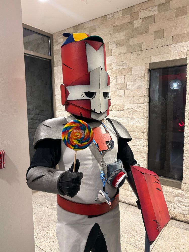 Myself in costume as the red knight from castle crashers (made by my friend Hydro)