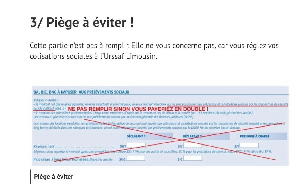 3/ Piège à éviter ! 
Cette partie n'est pas à remplir. Elle ne vous concerne pas, car vous réglez vos cotisations sociales à l’Urssaf Limousin. 

BA, BIC, BNC À IMPOSER AUX PRELEVEMENTS SOCIAUX 