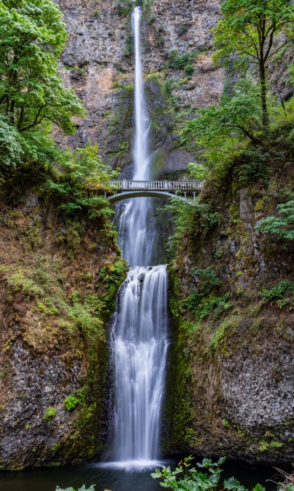 A tall, two-tiered waterfall cascades down a rocky cliff surrounded by lush green foliage, with a picturesque footbridge spanning the upper falls.